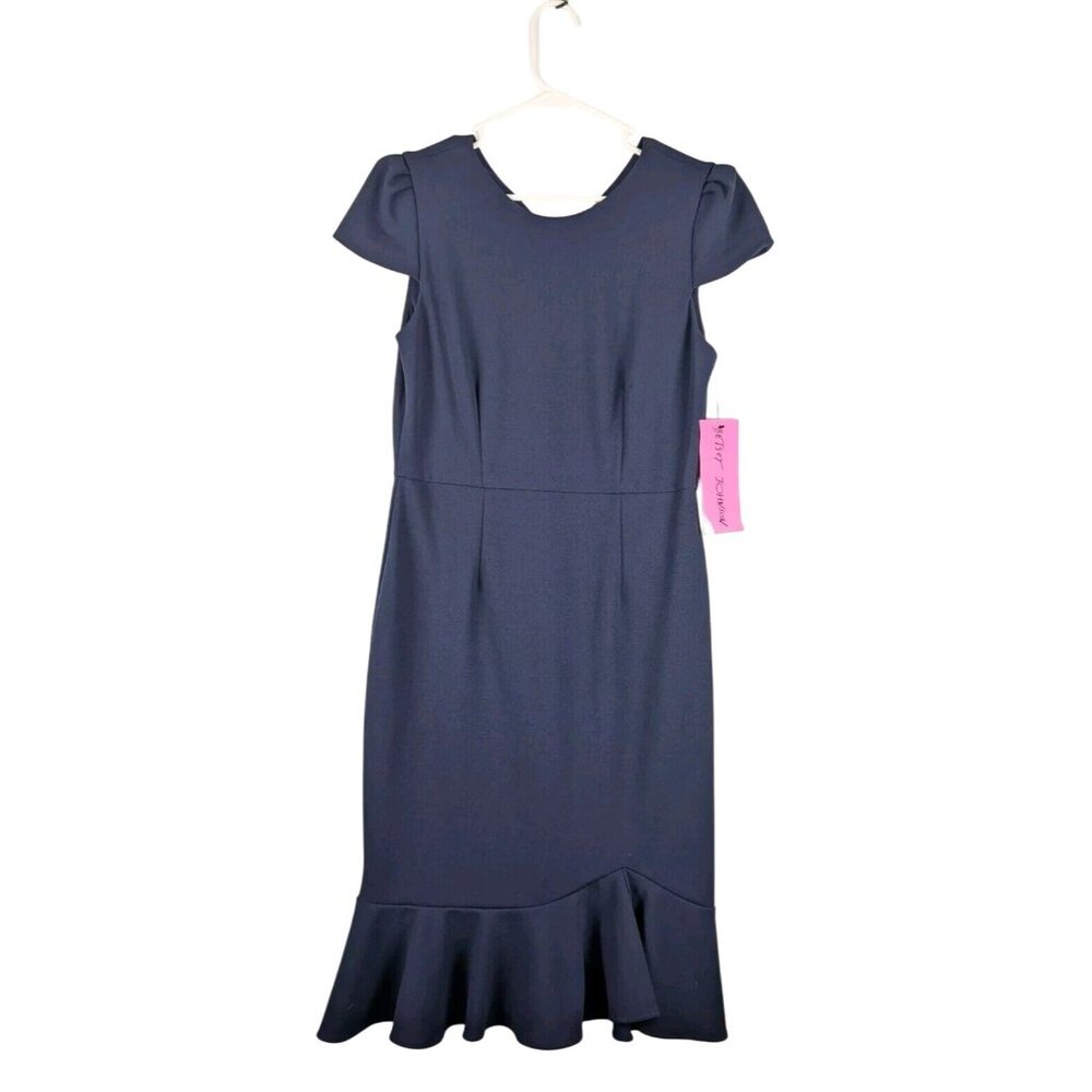 Betsey Johnson Dress Womens 6 Navy Scuba Crepe Dress Ruffle Hem Short Sleeve NWT - Picture 2 of 9